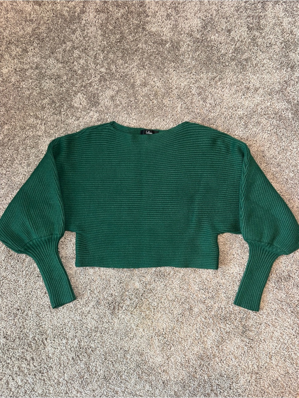 Women’s Small Lulu's Emerald Green Cropped Rib Knit Crew Sweater Balloon Sleeves
